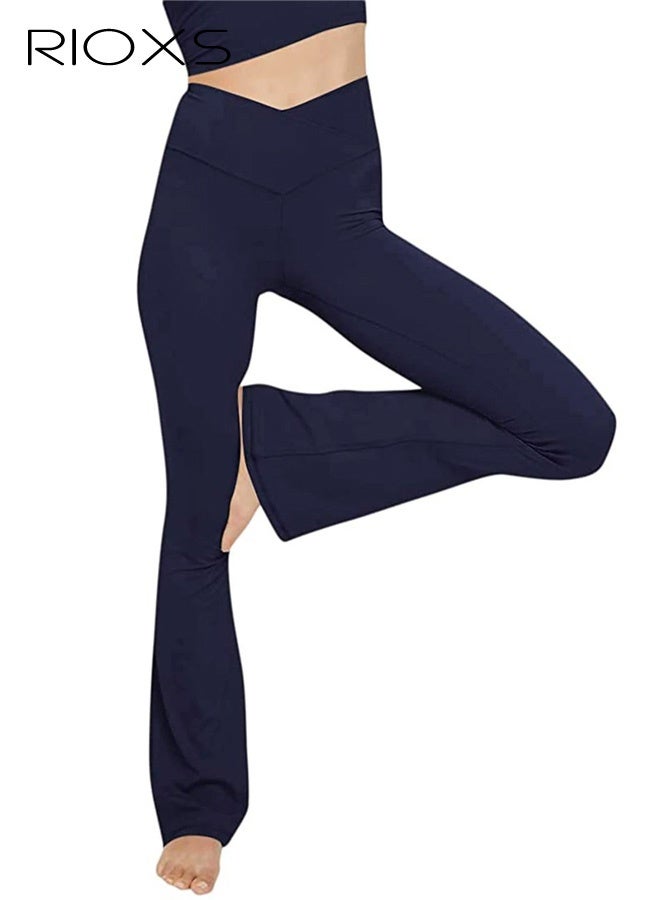 RIOXS Women's Flare Leggings, Ladies V Crossover Yoga Pants, Tummy Control High-Waisted Wide Leg Trousers, Gym Bootcut Yoga Pants, Bell Bottoms For Women, Deep Blue - Image 1